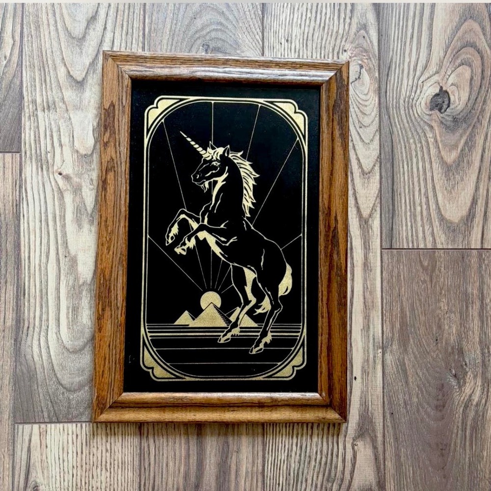 Vintage 1980s Art Deco Revival Unicorn Art, Gold, Fantasy Decor, Solid Oak Frame